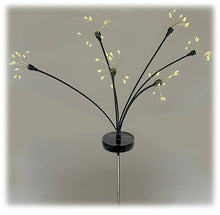 Load image into Gallery viewer, Black solar garden stake with illuminated yellow LED dandelion burst lights on branches
