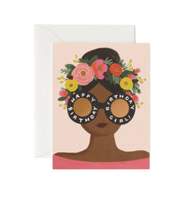 Load image into Gallery viewer, Birthday greeting card featuring illustrated woman with floral crown and sunglasses reading Happy Birthday Girl