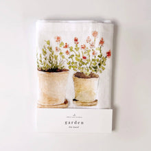 Load image into Gallery viewer, White cotton tea towel with watercolor painted potted garden plants and flowers