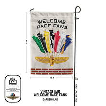 Load image into Gallery viewer, Welcome Race Fans garden flag with colorful racing flags and Indianapolis Motor Speedway vintage logo