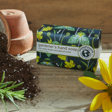 Load image into Gallery viewer, Gardener's hand soap with shea butter and apricot seed in botanical print packaging