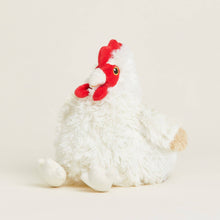 Load image into Gallery viewer, White fluffy plush chicken toy with red comb and wattle against cream background
