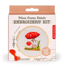 Load image into Gallery viewer, Mini cross stitch embroidery kit featuring red mushroom design with wooden hoop and supplies