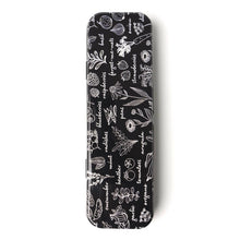 Load image into Gallery viewer, Black metal tin container with white botanical illustrations and plant names for garden labeling