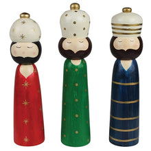 Load image into Gallery viewer, Set of three decorative Three Wise Men figurines in red, green, and blue robes