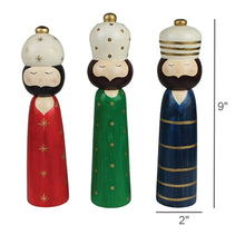 Load image into Gallery viewer, Set of three decorative We Three Kings nativity figurines in red, green, and blue, 9 inches tall