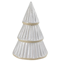 Load image into Gallery viewer, White ceramic Christmas tree decoration with ribbed texture and gold accent bands