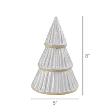 Load image into Gallery viewer, White ceramic Christmas tree figurine with ribbed tiered design, 8 inches tall