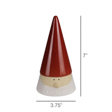 Load image into Gallery viewer, Ceramic Santa gnome figurine with tall red hat, white beard, measuring 7 inches tall