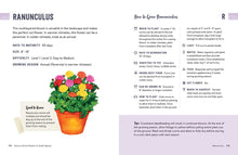 Load image into Gallery viewer, Open gardening book showing colorful ranunculus growing guide with planting instructions and care tips