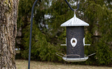 Load image into Gallery viewer, Heavy duty mesh bird feeder with whitewashed roof hanging from curved metal pole