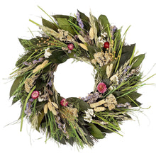 Load image into Gallery viewer, Rustic dried flower wreath with wheat, lavender, globe amaranth and natural grasses