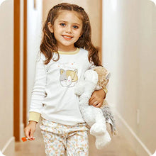 Load image into Gallery viewer, Young girl holding white plush calico cat stuffed animal toy indoors