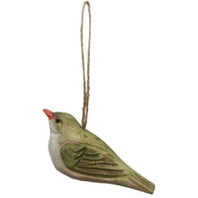 Load image into Gallery viewer, Hand-carved wooden green bird ornament with red beak and jute twine hanger