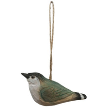 Load image into Gallery viewer, Hand-carved wooden nuthatch bird ornament with green and gray paint and twine hanger