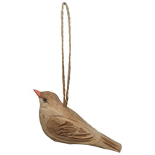 Load image into Gallery viewer, Hand-carved wooden bird ornament in brown tones with jute twine hanger