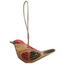 Load image into Gallery viewer, Hand-carved wooden bird ornament with red and green painted details on jute twine hanger