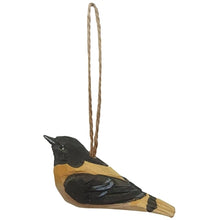 Load image into Gallery viewer, Hand-carved wooden Baltimore Oriole bird ornament with natural twine hanger