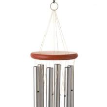 Load image into Gallery viewer, Large silver wind chime with wooden top and multiple metal tubes hanging from strings