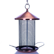 Load image into Gallery viewer, Copper finish mesh bird feeder with protective cap and hanging chain