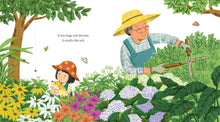 Load image into Gallery viewer, Children's gardening book illustration showing grandfather and child with flowers, butterflies, and garden plants