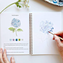 Load image into Gallery viewer, Open watercolor workbook showing hydrangea painting tutorial with blue flowers and step-by-step instructions