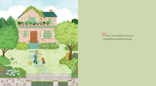 Load image into Gallery viewer, Children's book illustration showing grandfather and child in garden with house and plants