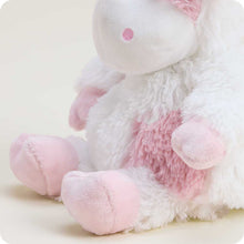 Load image into Gallery viewer, White plush cow stuffed animal with pink accents and fuzzy texture