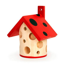 Load image into Gallery viewer, Red and natural wood ladybug house with polka dot pattern and mounting loop
