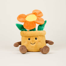 Load image into Gallery viewer, Plush orange flower in yellow pot toy with smiling face and brown arms and legs