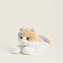 Load image into Gallery viewer, Plush calico cat stuffed animal with orange, gray and white fur lying down