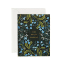 Load image into Gallery viewer, Sympathy greeting card with blue forget-me-nots and white baby's breath on dark background