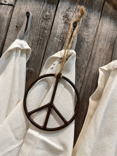 Metal Peace Sign Ornament with Jute String- Home Accent