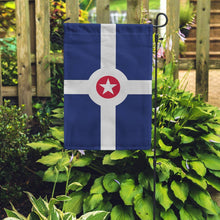 Load image into Gallery viewer, Indianapolis city flag design garden flag displayed on pole among green hostas and garden plants