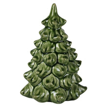 Load image into Gallery viewer, Glossy green ceramic Christmas tree figurine with layered branch texture and pointed top