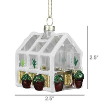 Load image into Gallery viewer, Glass greenhouse Christmas ornament with miniature plants, white frosted edges, 2.5 inches