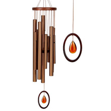 Load image into Gallery viewer, Bronze wind chime with copper tubes and amber crystal teardrops in wooden rings