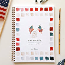 Load image into Gallery viewer, Spiral-bound Americana watercolor workbook with patriotic flag design and color swatches border