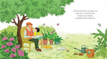 Load image into Gallery viewer, Children's book illustration showing grandfather and child reading together in garden with flowers and plants