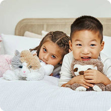 Load image into Gallery viewer, Two children in bed cuddling plush stuffed animal toys including calico cat warmies