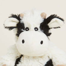 Load image into Gallery viewer, Plush black and white spotted cow stuffed animal with fuzzy fur and embroidered features
