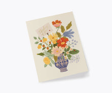 Load image into Gallery viewer, Thinking of You greeting card featuring colorful floral bouquet in decorative blue vase