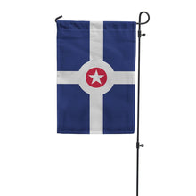 Load image into Gallery viewer, Indianapolis city flag garden banner with blue background, white cross, and red circle with white star