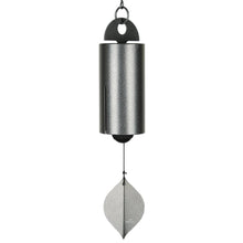 Load image into Gallery viewer, Antique silver wind chime with cylindrical tube and leaf-shaped clapper hanging from chain