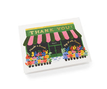Load image into Gallery viewer, Thank you greeting card featuring colorful flower shop storefront with pink striped awning