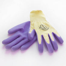 Load image into Gallery viewer, Yellow and purple gardening gloves with textured grip coating on palms and fingers