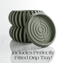 Load image into Gallery viewer, Green orchid planter with vertical slats and matching circular drip tray with concentric rings
