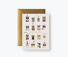 Load image into Gallery viewer, Happy Birthday greeting card featuring illustrated cats wearing party hats and accessories with gold envelope
