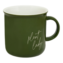 Load image into Gallery viewer, Green ceramic coffee mug with white script text reading 'plant lady'