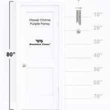 Load image into Gallery viewer, Purple pansy flower wind chime by Woodstock Chimes shown with 80-inch height measurement scale